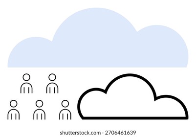 Two clouds, one blue and one outlined in black, above six simple human figures in black. Ideal for themes of connectivity, communication, social interaction, community, data sharing, technology