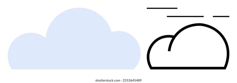 Two clouds one filled in blue and the other outlined in black with wind lines. Ideal for weather, nature, minimalist art, design, technology, vector illustrations