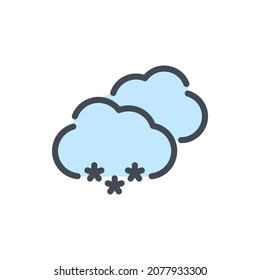 Two clouds with snow color line icon. Weather and Climate vector outline colorful sign.