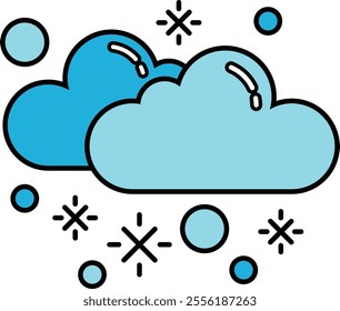 Two clouds with snowflakes on them. The clouds are blue and white. The snowflakes are small and scattered. Concept of cold and wintery weather