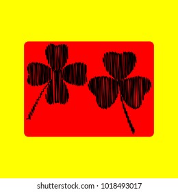 Two clover leaf. Quaterfoil. Quatrefoil. Vector. Black scribble icon in red container with rounded corners at yellow background. Isolated.