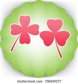Two clover leaf. Quaterfoil. Quatrefoil. Vector. Pinkish icon with white contour on green background which similar to flower.