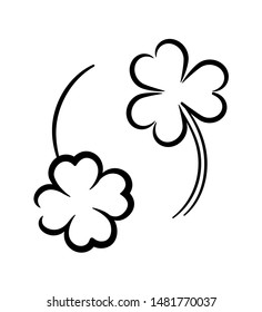 Two clover leaves on a white background. Vector illustration with attributes of St. Patrick's Day. Contour picture without color fill. Three Leaf and Four Leaf Clover.