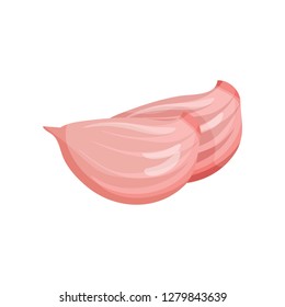 Two cloves of garlic with pink peel. Spicy condiment. Ingredient for flavoring dishes. Natural food. Flat vector icon