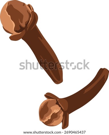 Two cloves are illustrated against a white background, showcasing their brown color and distinctive shape.