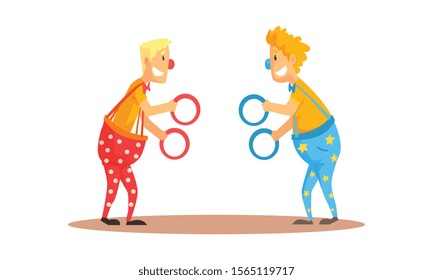 Two Clown Characters Juggling with Colorful Circles Vector Illustration