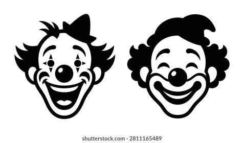 Two clown faces with exaggerated features depicted as a black silhouette clowns circus