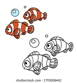 Two clown fish swim side by side coloring book linear drawing isolated on white background