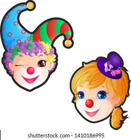 Two clown heads. Stickers. Isolated on grey background.