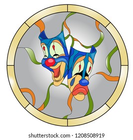 Two clown theatrical masks with ribbons on a grey background stained glass pattern