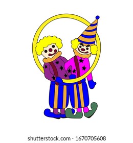 Two clowns circus vector flat style illustration isolated on white background for greeting cards, print and signs.