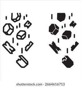 Dois aglomerados de formas geométricas simples são representados com linhas caindo.