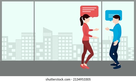 Two Co Workers Talking, Business Concept Vector Character Illustration On Flat Building Background. 