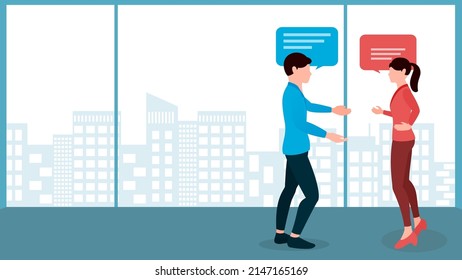 Two Co Workers Talking, Business Concept Vector Character Illustration On Flat Building Background. 