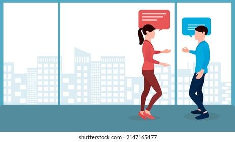 Two Co Workers Talking, Business Concept Vector Character Illustration On Flat Building Background. 