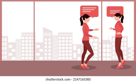 Two Co Workers Talking, Business Concept Vector Character Illustration On Flat Building Background. 