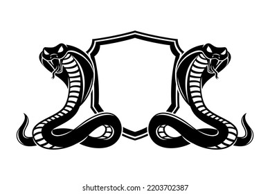 Two cobra snakes and a shield on a white background.