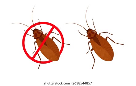 Two cockroaches, one featuring a forbidden sign, are illustrated against a clean white background, symbolizing the concepts of pest control and disinfestation in domestic spaces