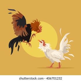 Two cocks fighting. Vector flat cartoon illustration