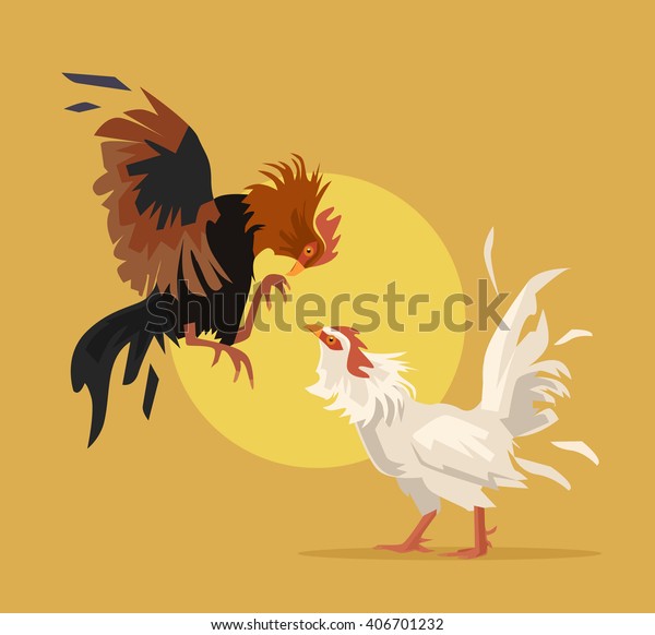 Two\
cocks fighting. Vector flat cartoon\
illustration