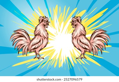 Two cocks fighting Vector illustration. Angry Rooster fighting, hand drawn sketch illustration.