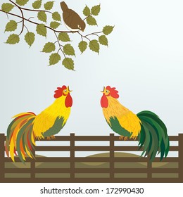 Two cocks on the fence
