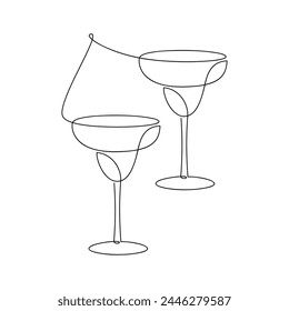 Two cocktail glasses cheers line continuous drawing. Hand drawn drink vector illustration. Linear silhouette. Minimal design, print, banner, card, bar wall art poster, menu, logo, sketch.