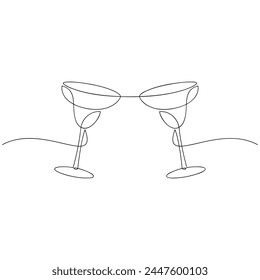 Two cocktail glasses cheers line continuous drawing. Hand drawn drink vector illustration. Linear silhouette. Minimal design, print, banner, card, bar wall art poster, menu, logo, sketch.