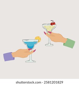 Two cocktail glasses with fizzy drinks, one garnished with cherries and the other with a lemon slice on a light background in retro style.