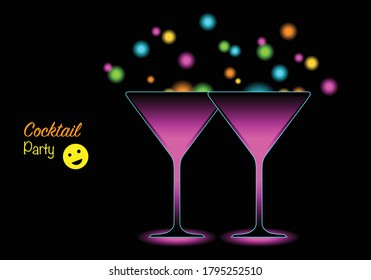 two cocktail glasses isolated on black background with colorful blurred spots, concept for cocktail party or ladies' night