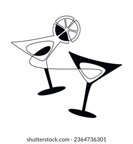 Dos copas de cóctel con vector de corte de limón. Ilustración del doodle de bebida alcohólica. Icono de Martini. Diseño gráfico, impresión de dibujos animados, banner, tarjeta, afiche, folleto, signo, símbolo, logotipo de bar, menú de café