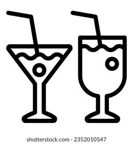 Icono de la línea de dos copas de cóctel. Diferentes ilustraciones vectoriales de bebidas aisladas en blanco. Estilo de esquema de bebidas diseñado para y aplicación. Eps 10.