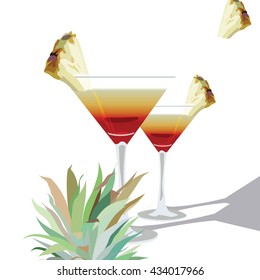Two Cocktail  Glasses Vector. Alcohol Cosmopolitan Cocktail decorated with Pineapple in martini Cocktail Glass.  Vector Watercolor Tropical Cocktails Liqueur 