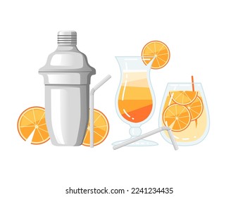 Two cocktails in glass with bar accessory tools steel shaker vector illustration on white background