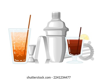 Two cocktails in glass with bar accessory tools steel shaker vector illustration on white background