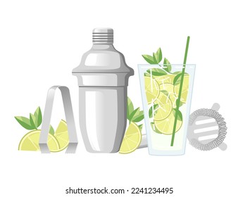 Two cocktails in glass with bar accessory tools steel shaker vector illustration on white background