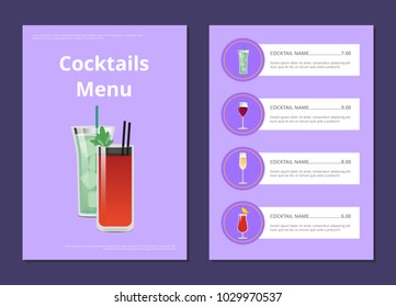 Two cocktails menu banners vector Illustration isolated on lilac backdrops with big black frames, set of various drinks, white rectangles with text