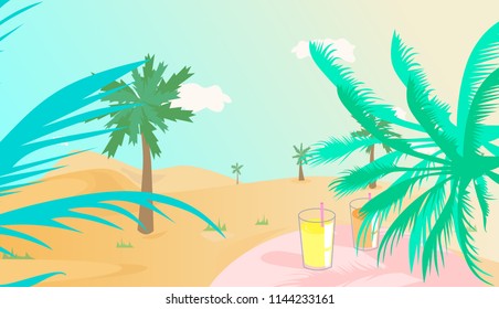 Two cocktails on a pink table. Beautiful landscape with palms and sand. Vector illustration