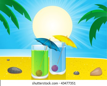 Two cocktails on a tropical beach with pebbles and palm trees