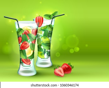 Two cocktails realistic composition with two glass of strawberry mojito on green background vector illustration