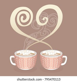 Two Cocoa Or Coffee Cups With Heart Shaped Steam And Knitted Mug Cosy. Vector Illustration.