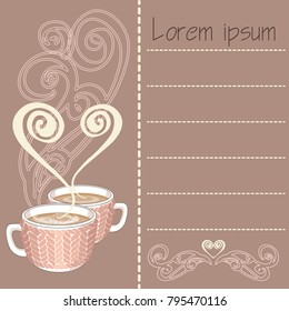 Two cocoa or coffee cups with heart shaped steam and knitted mug cosy. Vector illustration.