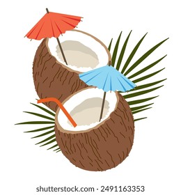 Two coconut nuts with a straw and a palm leaf. A summer coconut cocktail made from half a split coconut. A split coconut with a straw and an umbrella. Illustrated vector clipart.