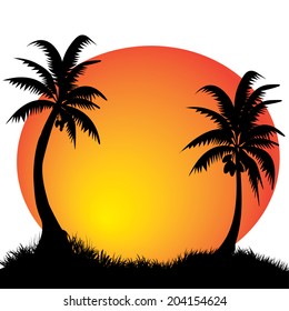 two coconut palm trees with the moon in the background