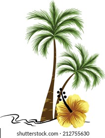 Two coconut trees and a flower.
