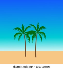 Two coconut trees have sky and green background.