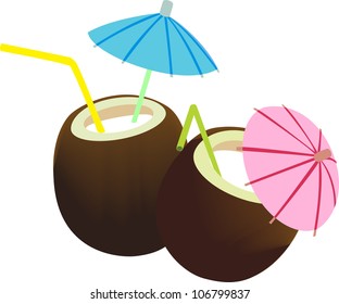 two coconuts with coconut milk are decorated with umbrella and straw