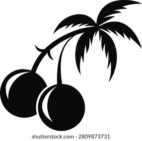 Two coconuts hanging from a palm tree branch silhouette vector