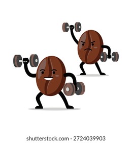 Dos personajes de dibujos animados de granos de café levantando pesas en el entrenamiento físico y el ejercicio. Carácter de grano de café y levantar pesas con emoción enojada. Granos de café saludables.