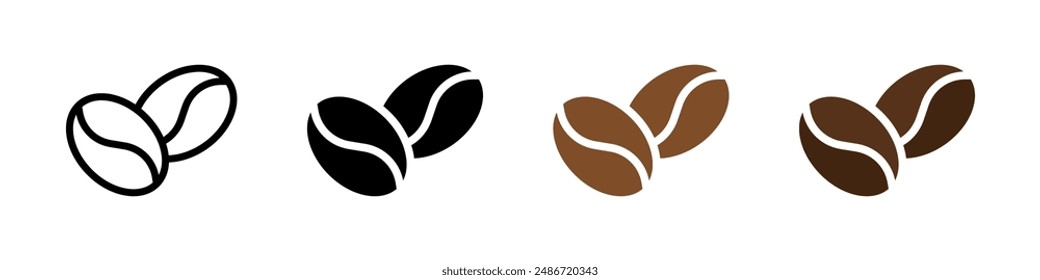 Two coffee beans icon set. Espresso vector illustration. Coffee shop logo. Roasted coffee symbol. Hot drink aroma isolated sign.